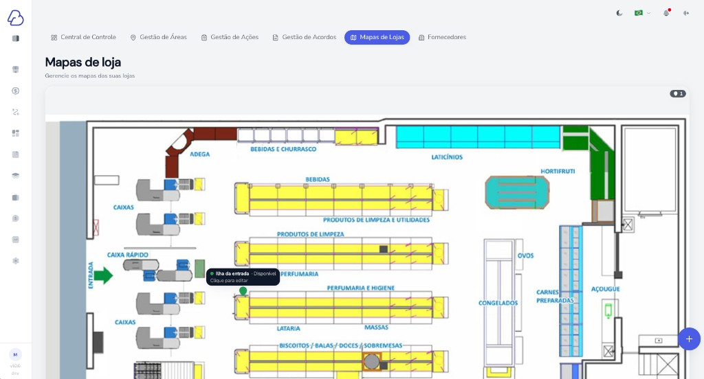 Mapa de loja do ByPrice para trade marketing, com as áreas de cada seção, como bebidas, laticínios, hortifrúti, caixas e a ilha da entrada disponível para venda ao fornecedor
