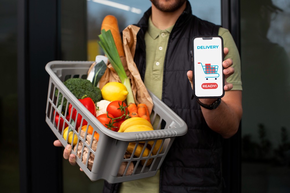 Homem com cesta de frutas e celular 