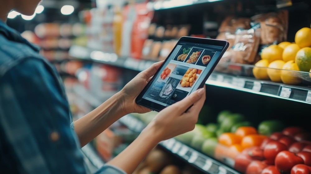 Mulher mexendo em tablet fazendo compras em mercado